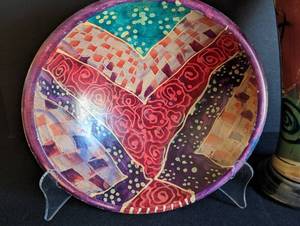 lot 235 image: Colorful Wood Bowl and Ceramic Vase
