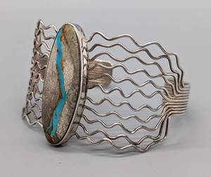 lot 245A image: Southwestern Sterling Turquoise Ribbon Cuff Bracelet