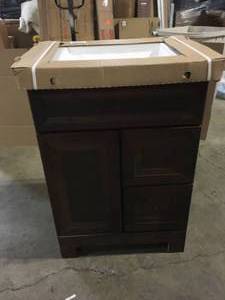 Sedgewood 24.5 in. W Configurable Bath Vanity in Cognac with Solid Surface Top in Arctic with White Sink by Home Decorators Collection Customer Returns See Pictures