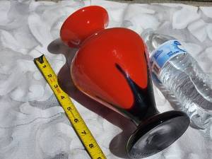 lot 16 image: Czech Art Glass Vase  Orange with Black Pulled Pedestal Base