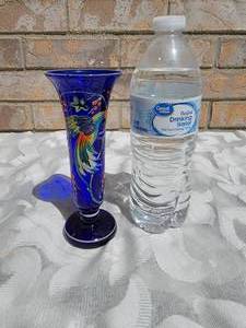 lot 18 image: Czech Cobalt Blue Art Glass Vase with Hand Painted Bird