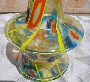 lot 19 image: Czech Uranium Stripe Witches Hat Art Glass Jar