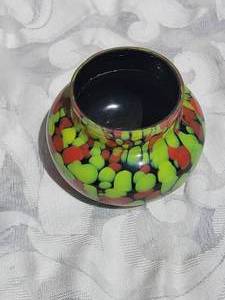 lot 26 image: Czech Art Glass Black Squat Vase with Yellow and Orange