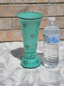 lot 27 image: Czech Turquoise Vase with Handpainted Black Lace & Rosettes