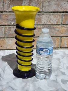 lot 29 image: Sunshine Yellow Czech Art Glass Vase with Cobalt Base and Coiled Rope