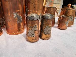 lot 36 image: Taxco Hammered Copper with Sterling Beverage Service