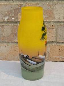 lot 55 image: Czech Hand Painted Yellow Vase with Forest Landscape