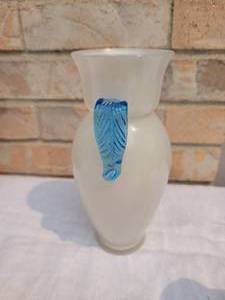 lot 56 image: Vintage Czech White Art Glass Vase with Blue Applied Handles