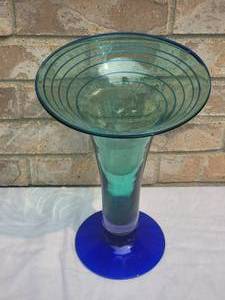 lot 61 image: Tall Blenko Aqua and Cobalt Art Glass Vase