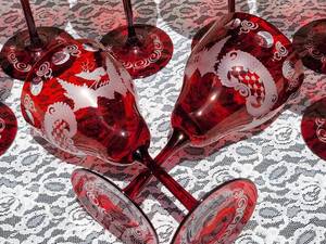 lot 8 image: Czech Bohemian Ruby Cut to Clear Etched Wine Glasses  8