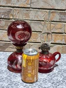 lot 117 image: Vintage Czech Bohemian Ruby Cut to Clear Etched Mini Oil Lamps
