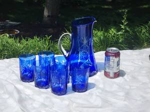 lot 87 image: Czech Bohemian Cobalt Blue Cut to Clear Lemonade Glassware Service