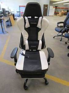 lot 400 image: Von Racer White & Black Gaming Chair with Massage Lumbar Support (SLIGHT RIP ON RIGHT ARM)