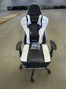 lot 401 image: Von Racer White & Black Gaming Chair with Massage Lumbar Support (SLIGHT STAIN ON PILLOW)