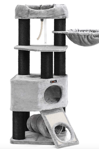lot 415 image: FEANDREA Cat Tree, Large Cat Tower with Fluffy Plush Perch, Cat Condo with Basket Lounger and Cuddle Cave, Extra Thick Posts Completely Wrapped in Black Sisal (OPEN BOX)
