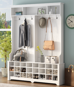 lot 426 image: Wide Hall Tree with Ample Storage Space and 24 Shoe Cubbies in White (OPEN BOX, MISSING INSTRUCTIONS, MINOR SCRATCH & DENT ONLY HAS 4 HOOKS, MAY BE MISSING PARTS)