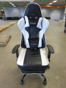 lot 421 image: Von Racer White & Black Gaming Chair with Massage Lumbar Support (SLIGHT STAIN ON PILLOW)