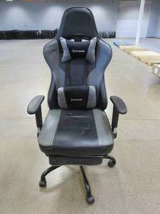 lot 428 image: Von Racer Gray & Black Gaming Chair with Lumbar Massage Pillow (MISSING USB CORD, SMALL TEARS IN THE LEATHER)