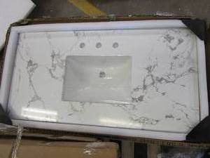 lot 437 image: 43 in x 22 in Engineered Stone Vanity Top in White & Gray