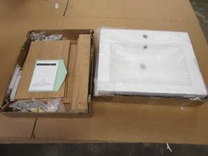 lot 438 image: 23 in x 18 in Wall Mounted Vanity with White Top in Nordic Oak (BACK RIGHT CORNER OF VANITY TOP IS CHIPPED, VANITY NEEDS TO BE PUT TOGETHER)