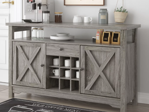 lot 458 image: Farmhouse Coffee Bar Cabinet in Gray (OPEN BOX, SLIGHT SCRATCH & DENT)