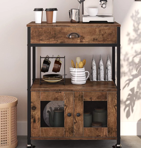 lot 472 image: Kitchen Bakers Rack, Industrial Microwave Oven Stand with Shelf, Coffee Bar Cabinet Kitchen Island on Wheels with Storage, Rustic Brown (OPEN BOX)