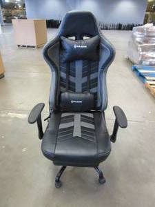 lot 466 image: Von Racer Black & Gray Gaming Chair with Lumbar Massage Pillow (MISSING USB CORD)