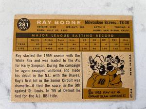 lot 158 image: 1960 RAY BOONE - Topps Baseball Card # 281 - MILWAUKEE BRAVES
