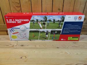 lot 173 image: 5 In 1 Backyard Combo Set - Volleyball, Badminton, Ring Toss, Flying Disc & Horseshoes