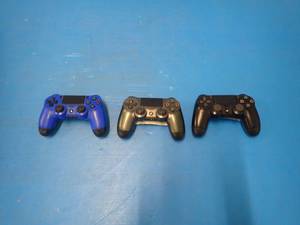 Lot of 3 PlayStation 4 Controllers  2 controllers has loose back case (missing screws)  blue controller is in good condition
