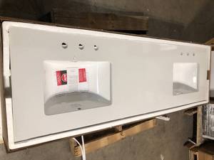 lot 10 image: 73 in. W x 22 in. D Engineered Marble Double Trough Sink Vanity Top in Winter White by Home Decorators Collection Customer Returns See Pictures