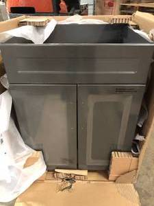 lot 14 image: All-in-One Stainless Steel 24 in Laundry Sink with Faucet and Storage Cabinet in Dark Gray by Glacier Bay   Customer Returns See Pictures