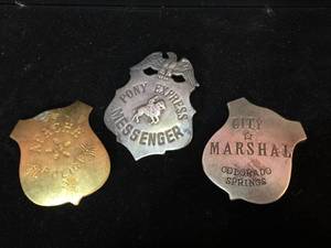 lot 187 image: 3 Old-Look Metal Badges
