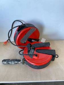 lot 20 image: Lot of (2) Ironton 30 FT 3 Outlets 10A Heavy Duty Metal Retractable Cord Reel electric cord reel.