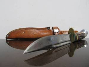 lot 25 image: Nice Old WESTERN Stag Hand Fixed Blade Hunding Knife wSheath