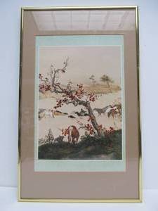 lot 106 image: Asian Chinese Horse Herding Country Scene Art Print Framed 20