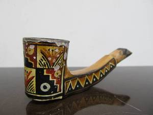 lot 12 image: Old Vintage Carved & Painted Terra Cotta Smoking Pipe