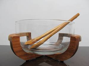 lot 152 image: Vintage Mid Century Teak Wood & Glass Salad Serving Bowl wStand & Utensils