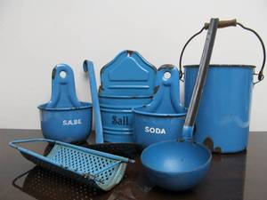 lot 153 image: Lot of Antique Blue Enamelware Kitchen Items
