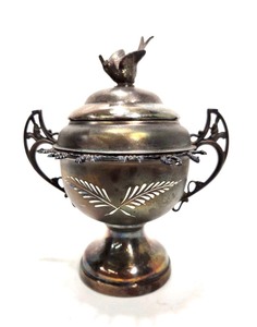 lot 268 image: Ornate Antique Signed Silver Plated Sugar Bowl wSpoon Holder & Bird Finial