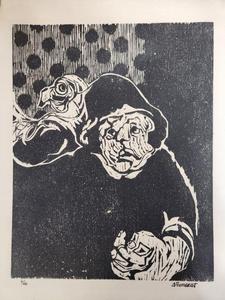 lot 345 image: Wonderful Vintage Woodcut or Linocut by Northfield Pottery Artist Chris Holmquist