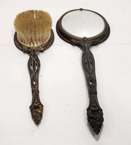 lot 365 image: Gorgeous Antique Art Nouveau Vanity Hand Mirror & Brush Set