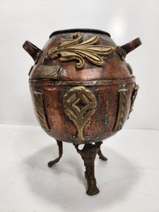 lot 379 image: Large Antique Copper & Mixed Metal Footed Vessel
