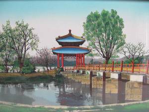 lot 352 image: Vintage Japanese Temple Bridge Scene Silk Needlepoint Tapestry Art 37