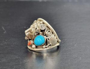 lot 360 image: Exceptional LARGE Signed Sterling Silver wTurquoise & Red Coral Navajo Grizzly Bear Ring by Running Bear