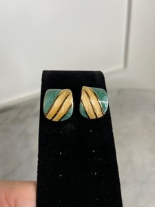 Vintage Teal & Gold Hoop Earrings