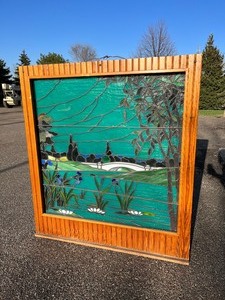 lot 2 image: Victorian XL Stained Glass Pond Scene Panel Window