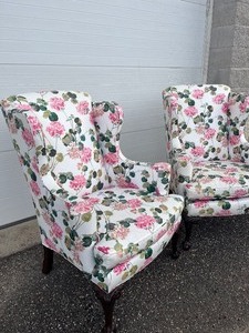 lot 11 image: Floral Hydrangea Wingback Clawfoot Silk Chairs by Pearson