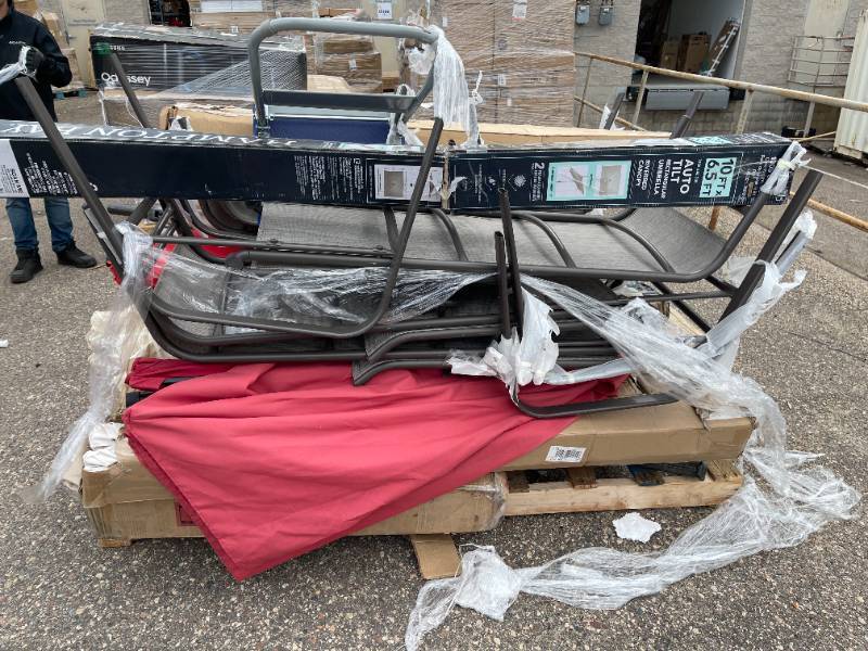 lot 141 image: Wholesale Pallet of Incomplete Patio Umbrellas and Patio Furniture