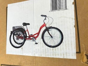 lot 4 image: Schwinn Meridian Adult Red 1-Speed Three Wheel Cruiser Bike with Cargo Basket